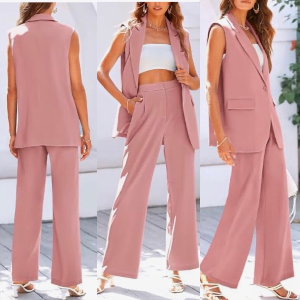 PRETTYGARDEN Women's 2 Piece Sleeveless vest trouser Suit Set pink - Picture 2 of 16